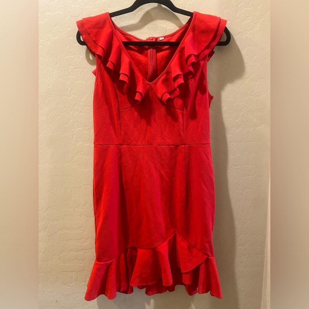 Red Ruffle Midi Dress - Women's Elegant V-Neck